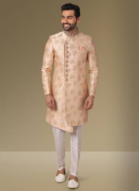 Peach Colour Heavy Wedding Wear Jacquard Banarasi Latest Indo Western Mens Collection 1114